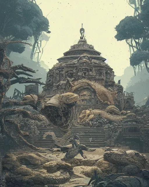 Prompt: old temple on the shell of giant turtle, style of james jean and laurie greasley and greg rutkowski, dynamic composition, dramatic lighting, hyper - realistic, ultra detailed, 8 k