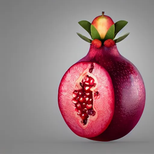 Image similar to fruit character that looks just like michelle obama as a pomegranate, 8 k, fruit eyes, fruit world, beautiful matte painting, by johfra bosschart, hyper realistic, studio lighting, octane render