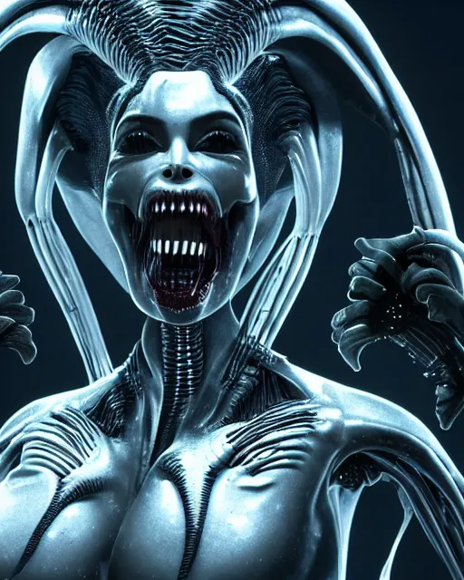 Image similar to cinematic still of kim kardashian being mouth fed by an xenomorph feeding her a transparent alien liquid, wet flowing hair, gooey skin, illustration, unreal engine 5, 8 k, directed by h. r. giger.