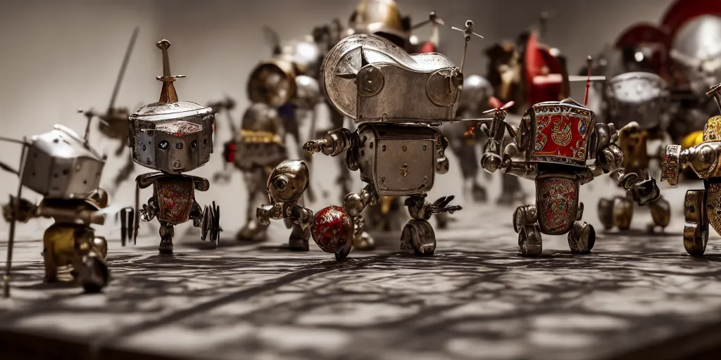 Prompt: closeup portrait of tin toy medieval knights fighting robots on white paper table in an artist workshop, depth of field, zeiss lens, detailed, centered, fashion photoshoot, by nicoletta ceccoli, mark ryden, lostfish, breathtaking, 8 k resolution, extremely detailed, beautiful, establishing shot, artistic, hyperrealistic, octane render