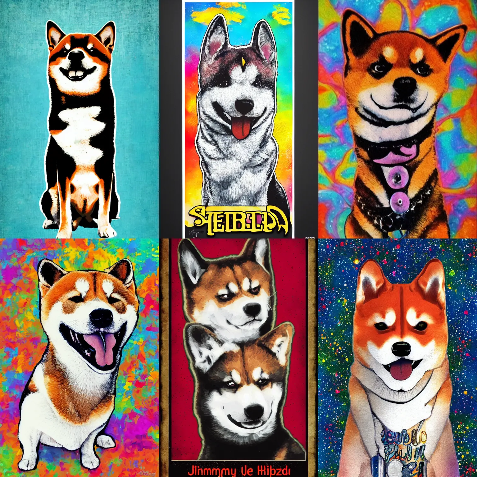 Prompt: Shiba Inu Derp, in the style of a jimmy hendrix poster