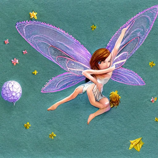 Prompt: a very small fairy hovers above an big open book, highly detailed, digital painting, sharp focus, fantasy art