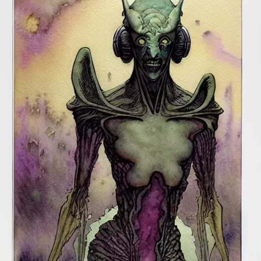 Image similar to a simple and atmospheric watercolour portrait of a pulp sci - fi alien demon, very muted colors, by rebecca guay, michael kaluta, charles vess and jean moebius giraud