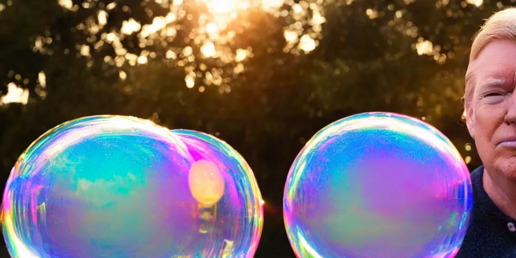 Image similar to an donald trump's head stuck inside of a giant iridescent floating soap bubble, bokeh, golden hour, back yard, golden hour