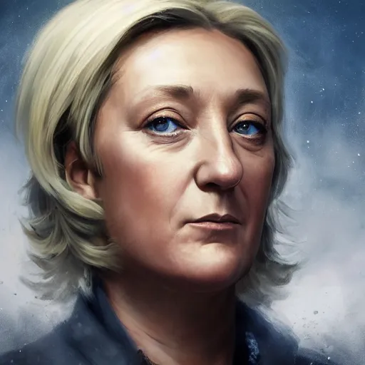 Image similar to Portrait of Marine le Pen , french revolution, heroic, amazing splashscreen artwork, splash art, head slightly tilted, natural light, elegant, intricate, fantasy, atmospheric lighting, cinematic, matte painting, detailed face, by Greg rutkowski