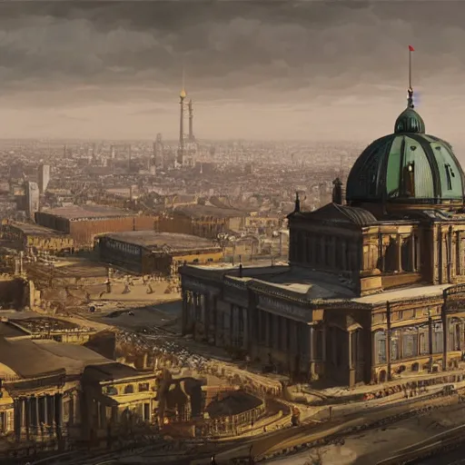 Prompt: panoramic view of giant giant monumentsl 1 km height volkshalle building, berlin 1 9 4 5, matte painting by greg rutkowski, artstation