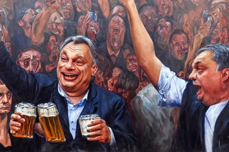 Image similar to viktor orban drinking beer and cheering at the apocalyse, highly detailed eyes, oil on canvas