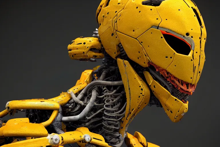 Image similar to portrait of a posed hyper detailed yellow scrounger evangelion realistic mechanical and fleshy organic creature similar look as horizon forbidden west horizon zero dawn bioluminiscence in a dark deep forest at dawn in spring, with reflection and textures, by kilian eng, substance painter reaslitic mech surface metal painted scratches