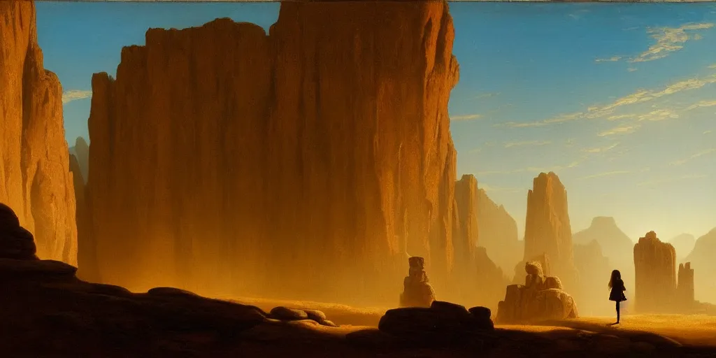 Prompt: a young girl stands next to a rock giant, shadow of the colossus, in front of a temple, in a large desert cave, dramatic lighting, hudson river school