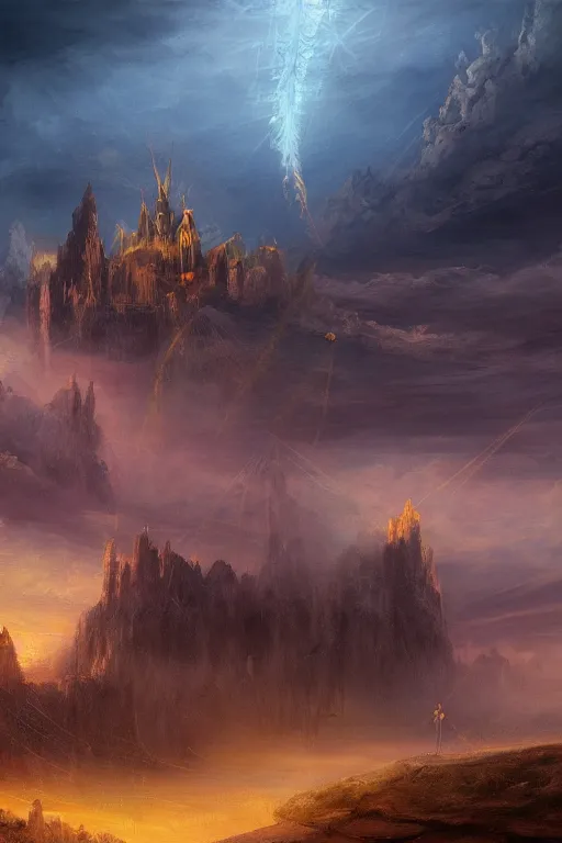 Image similar to breathtaking detailed soft painting of a dozens of flying swords of light, in golden clouds above a desert castle, strokes of mist and scarlet ribbons, german romanticism style, volumetric lighting, concept art, matte, sharp focus, art by celestialfang, matchach, juanmao, dustin panzino, trending on artstation