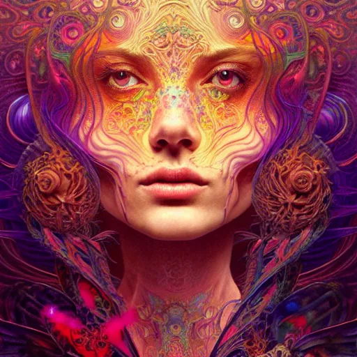 Image similar to An extremely psychedelic transformation, surreal, dramatic lighting, magic mushrooms, psilocybin, LSD, face, detailed, intricate, elegant, lithe, highly detailed, digital painting, artstation, concept art, smooth, sharp focus, illustration, art by Krenz Cushart and Artem Demura and alphonse mucha