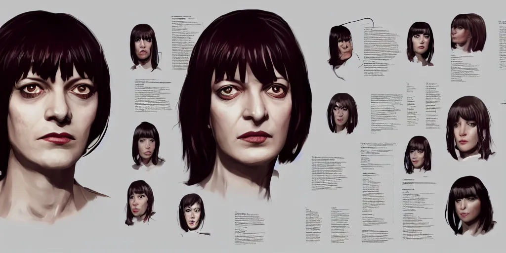 Image similar to mia wallace, character sheet, concept design, contrast, hot toys, kim jung gi, greg rutkowski, zabrocki, karlkka, jayison devadas, trending on artstation, 8 k, ultra wide angle, pincushion lens effect