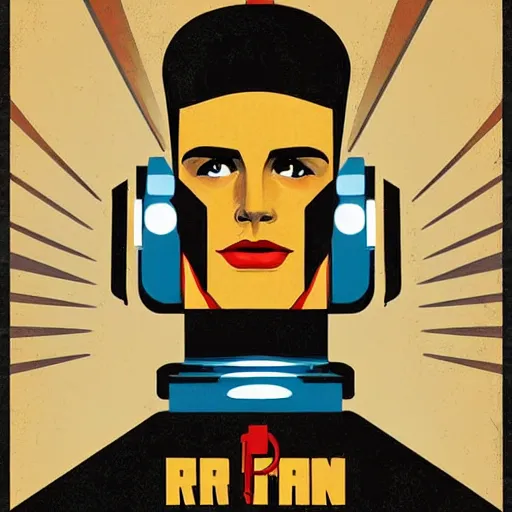 Image similar to retro poster with a painting of a iron man, an art deco painting by tom whalen, trending on behance, art deco, digital illustration, storybook illustration, art deco, flat shading, vector art, airbrush