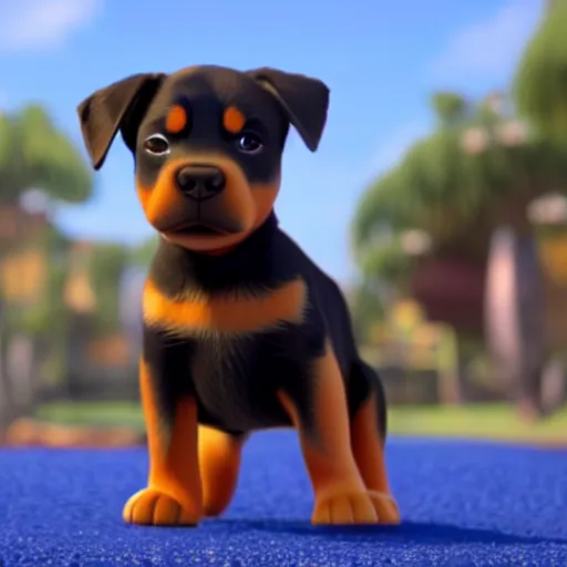 Prompt: cute rottweiler puppy, pixar, 8 k, octane render, still from pixar movie