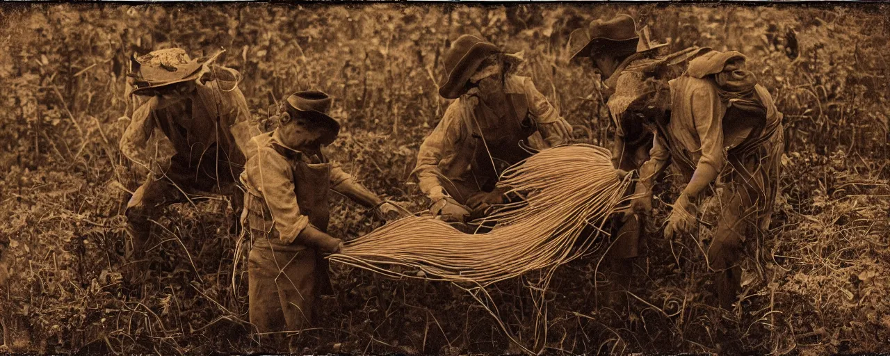 Image similar to harvesting spaghetti during the gold rush, tintype, small details, intricate, sigma 5 0 mm, cinematic lighting, photography, wes anderson, diane arbus, film, kodachrome