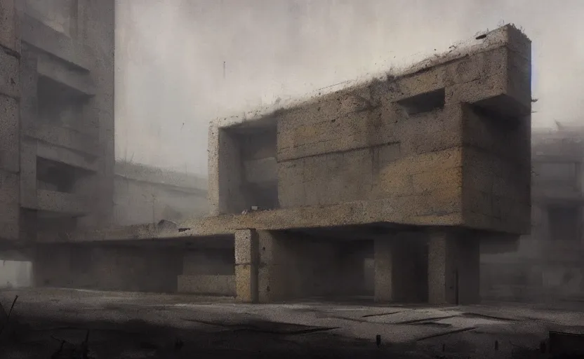 Image similar to An Exterior wide angle shot of a brutalist architecture by Peter zumthor, Greg Rutkowski and Craig Mullins, Dark atmospheric sad and cinematic lighting, Trending on artstation