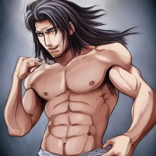 Image similar to well built man, rusty long hair, anime, high details,