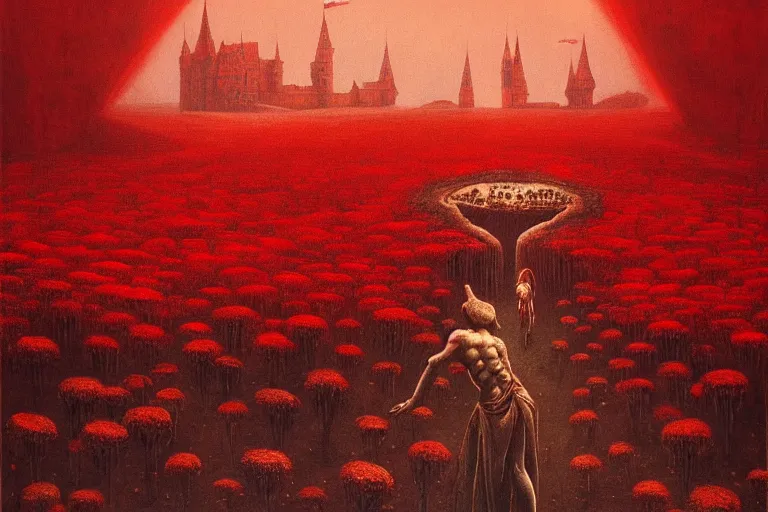 Image similar to only with red, red flowers, a red tiger, a castle in the background, medieval demons, an ancient path, in the style of beksinski, part by hopper, part by rodcenko, part by hofbauer, intricate composition, red by caravaggio, insanely quality, highly detailed, masterpiece, red light, artstation