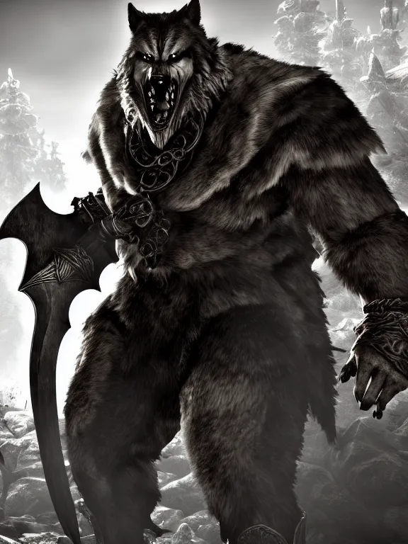 Image similar to cute handsome cuddly burly surly relaxed calm timid werewolf from van helsing holding a sword unreal engine hyperreallistic render 8k character concept art masterpiece screenshot from the video game the Elder Scrolls V: Skyrim