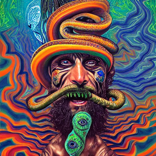 Image similar to a painting of a psychedelic shaman with snakes coming out of his mouth, a surrealist painting, polycount, behance, surrealism, surrealist, lovecraftian, cosmic horror, grotesque