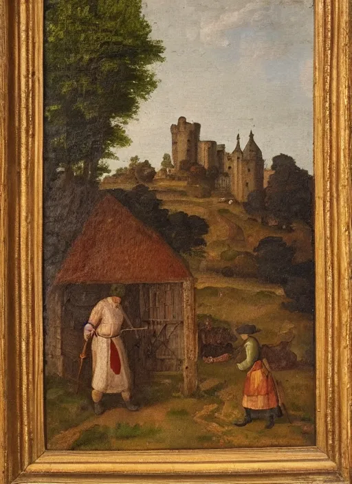 Prompt: a 1 6 th century oil painting of a medieval peasant tending to a farm beside a castle