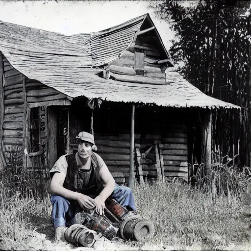 Image similar to a hillbilly drinking a bottle of beer infront of his shack home, blue overalls, redneck, photograph, 1 9 1 7, colorized, high quality, high resolution