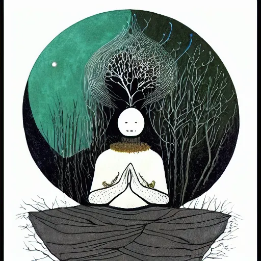 Image similar to by edward gorey, by andy kehoe graphic design extemporaneous. a drawing of a man with a large head, sitting in a meditative pose. his eyes are closed & he has a serene look on his face. his body is made up of colorful geometric shapes & patterns that twist & turn in different directions.