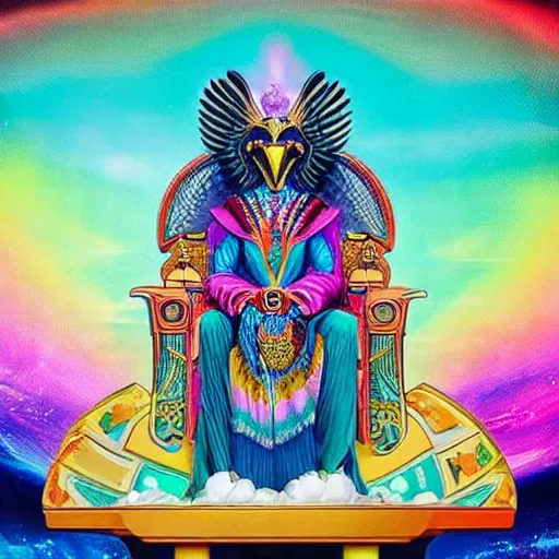 Image similar to the new aeon horus sits on a cloud throne commanding his followers below, lisa frank pattern best image ever highest detail most thoughtful award winning