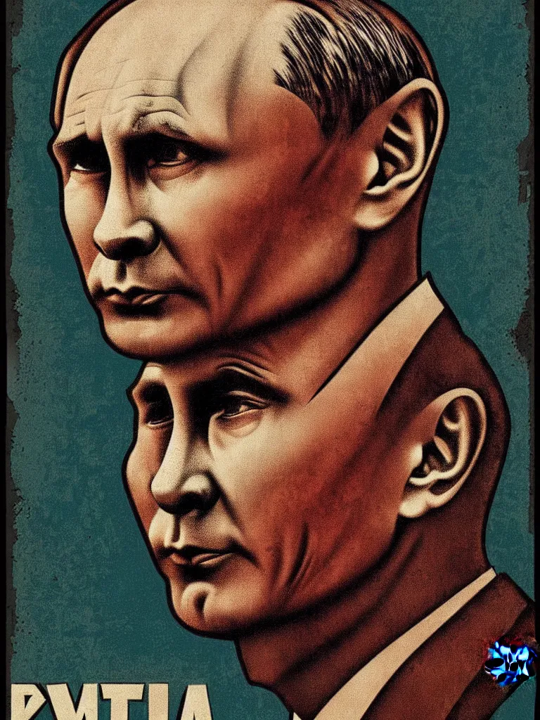 Image similar to photograph of a WW2 anti-Soviet poster, Vladimir Putin portrait, as a rabid bear, macabre, textured , highly detailed, fine illustration, modern colors , by Wiktor Gorka