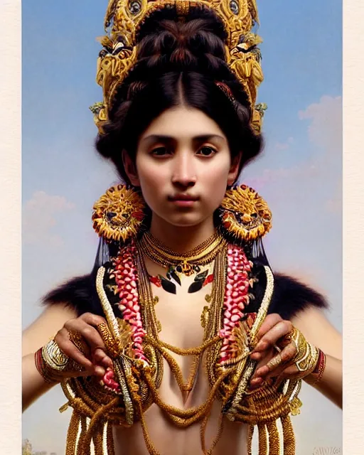 Image similar to photo of a gorgeous young tribal woman wearing elaborate baroque jewelry and rococo ornaments in the style of stefan kostic, realistic, sharp focus, symmetric, 8k high definition, insanely detailed, intricate, elegant, art by stanley lau and artgerm, William-Adolphe Bouguereau