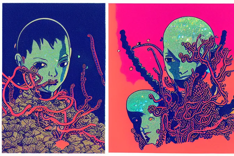 Image similar to risograph grainy drawing vintage sci - fi, satoshi kon color palette, gigantic gundam full - body covered in iridescent dead coral reef 1 9 6 0, kodak, with lot tentacles, natural colors, codex seraphinianus painting by moebius and satoshi kon and dirk dzimirsky close - up portrait