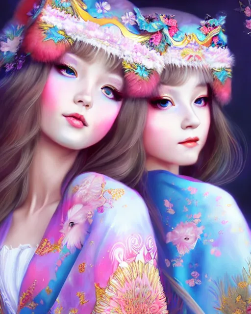 Image similar to two beautiful fashion siberian girls wear fantasy kimono in festival | | big eyes, sunny, dreamlike art, realistic shaded, smile, good looking, hyper details, 4 k realistic, cryengine, realistic shaded lighting poster by artgerm, ross tran, fuji choko, loish, 8 k resolution, trending on artstation, luxury