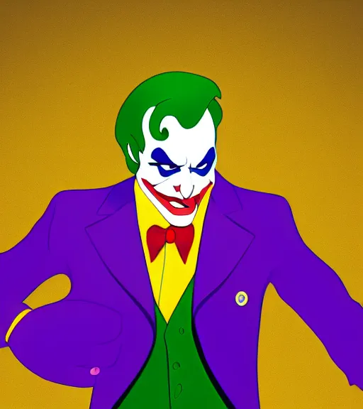 Image similar to joker wearing purple suit, yellow background, disney movie poster style, animation