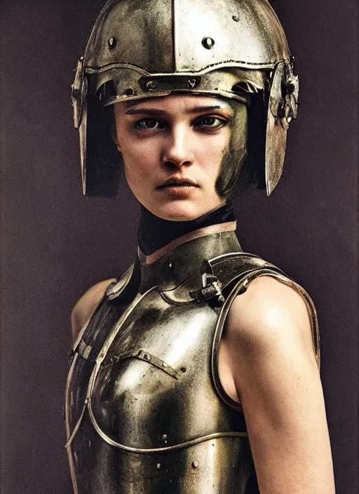 Image similar to close - up portrait of female roman gladiator with helmet and armor, art by paolo roversi