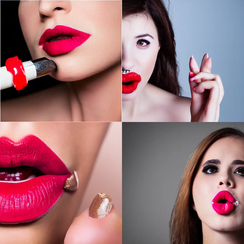 Prompt: beautiful 80mm portrait of mouth eating food, lipstick, bokeh, studio lighting