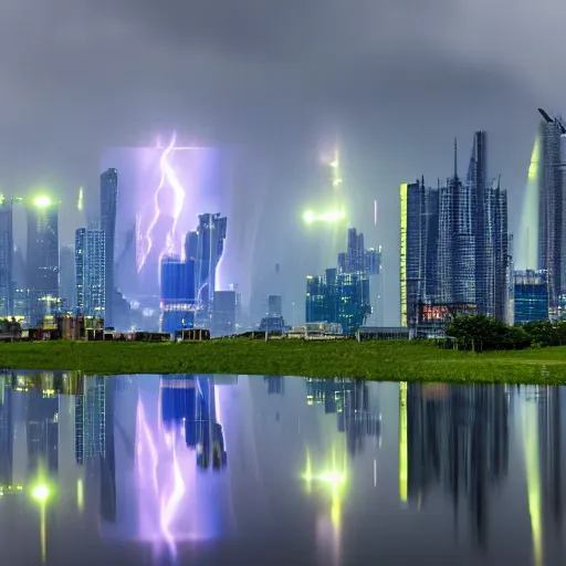 Prompt: Wide shot of colossal futuristic megacity towering across the landscape, thunder storm reflected in water, Ralph McQuarrie, EOS-1D, f/16, ISO 200, 1/2000s, 8K