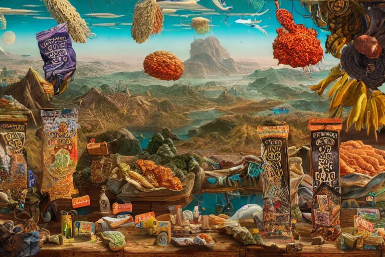 Image similar to a surreal and awe - inspiring bag of crisps on a table, intricate, elegant, highly detailed matte painting by ernst haeckel and simon stalenhag