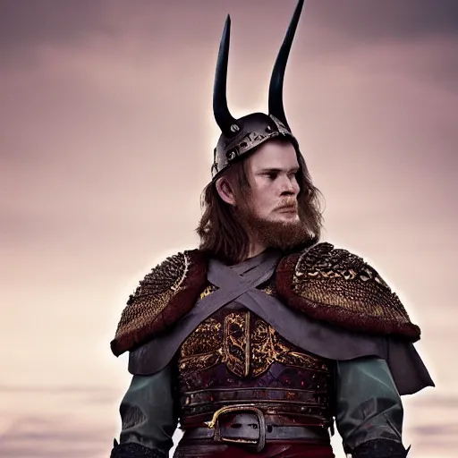 Prompt: a portrait of a beautiful young viking male wearing an alexander mcqueen armor , photographed by andrew thomas huang, artistic