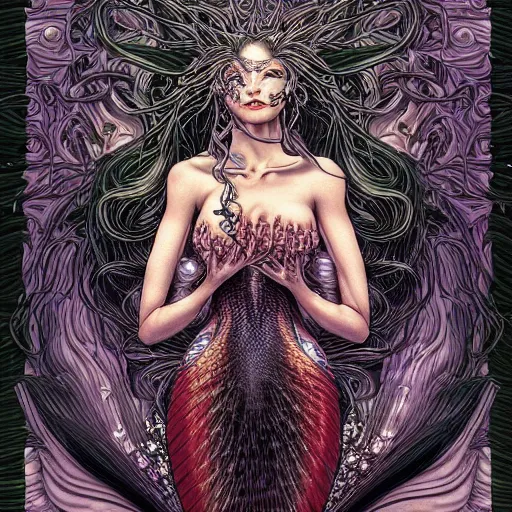 Image similar to portrait of crazy mermaid, symmetrical, by yoichi hatakenaka, masamune shirow, josan gonzales and dan mumford, ayami kojima, takato yamamoto, barclay shaw, karol bak, yukito kishiro