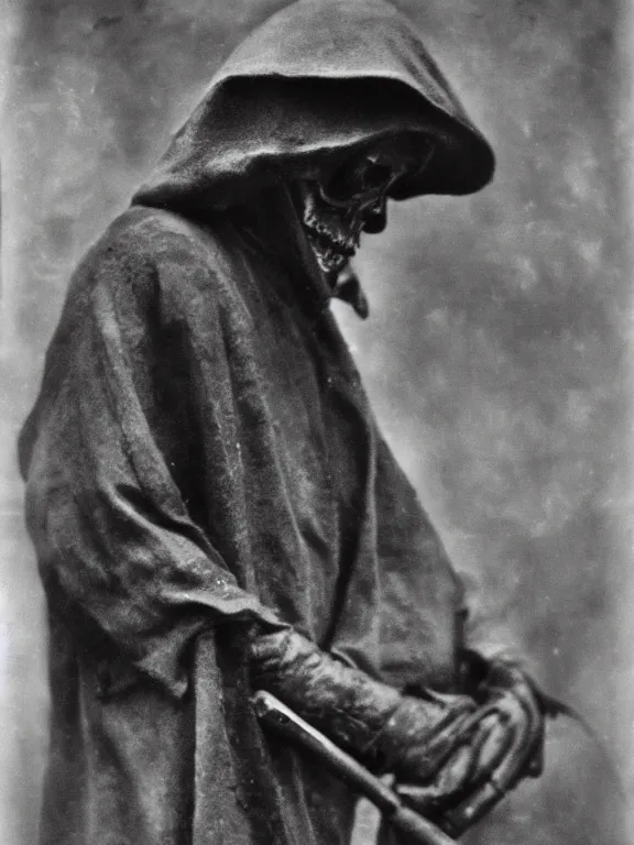 Image similar to portrait of grim reaper, ww1 photo, grainy, high detail, high resolution,