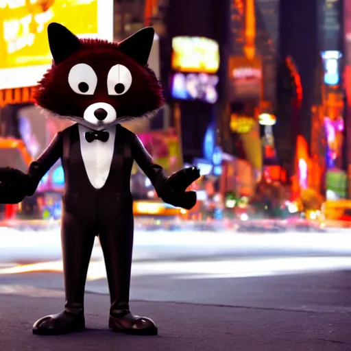 Image similar to anthropomorphic furry fox wearing a tuxedo stands on the times square ,detailed, environment, building, cinematic lights, rule of thirds, Artstation