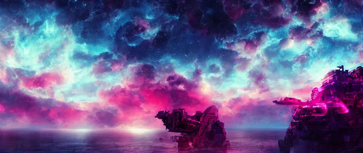 Image similar to space, hyperdetailed illustration, portrait big dark dog, mohawk, stars, pink, neon, oil painting, rich deep colors masterpiece, pirate neon ship, ultra detailed, contrast, heaven pink, clouds, volumetric light, atmospheric lighting, dramatic, cinematic, moody, octane render 4 k, 8 k