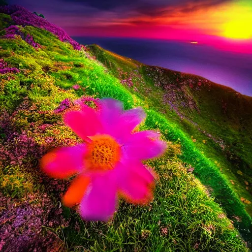 Prompt: flower on the edge of a cliff, cliff edge, colorful flower, sunset, beautiful colors, color palette, concept art, high detail, dramatic angle