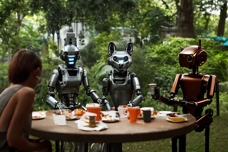 Image similar to film still from the movie chappie of the robot chappie shiny metal outdoor park plants garden scene bokeh depth of field several figures sitting down at a table having a tea party furry anthro anthropomorphic stylized cat ears wolf muzzle head android service droid robot machine fursona