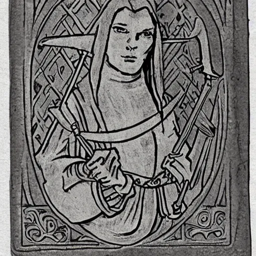 Image similar to medieval character stamp in medieval style by frank godwin and moebius, ink outline, charcoal on paper, exlibris, rubber stamp