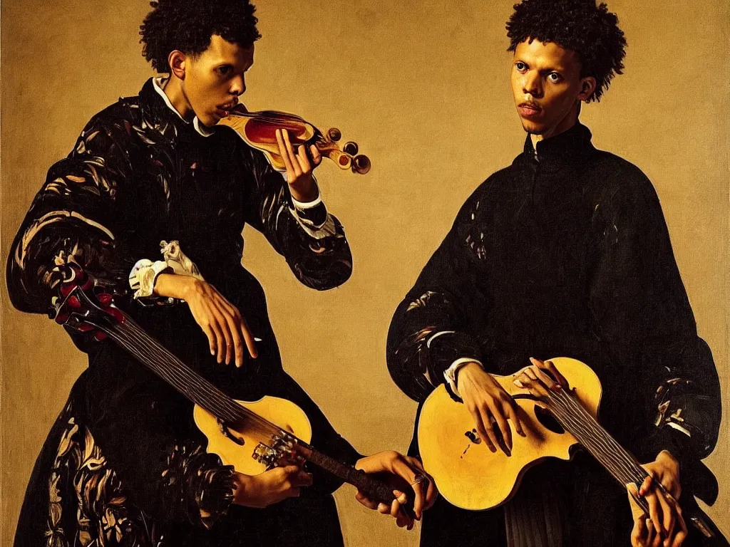 Image similar to a masterpiece portrait of stromae as a bard with a mandolin by caravaggio, epic composition, exquisite details, dark mood,