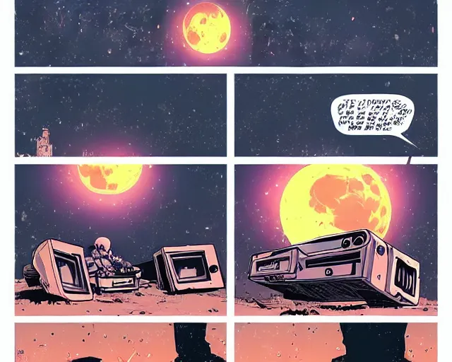 Image similar to three panels from a cell shaded comic book showing a big fat boombox, in front of a big moon, illustration, wide shot, muted colors, post grunge, concept art by josan gonzales and wlop, david rubin, mike mignola, laurie greasley, highly detailed, sharp focus, trending on artstation, hq, deviantart, art by artgem