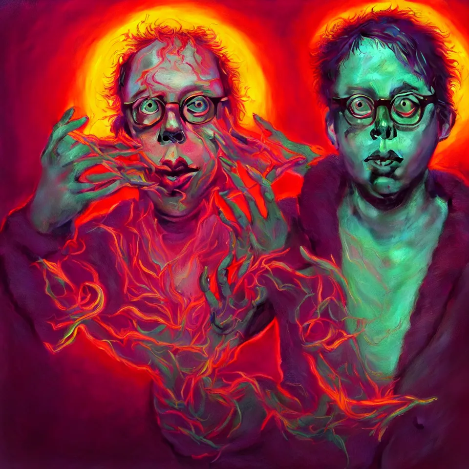 Prompt: bright psychedelic todd solondz eating satan, diffuse lighting, fantasy, intricate, elegant, highly detailed, lifelike, photorealistic, digital painting, artstation, illustration, concept art, smooth, sharp focus, art by francis bacon