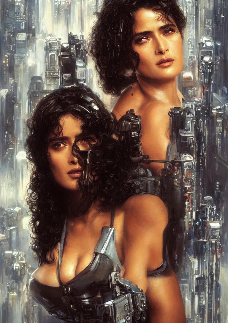 Image similar to young Salma Hayek as a replicant from blade runner, detailed, centered, digital painting, artstation, concept art, donato giancola, Joseph Christian Leyendecker, WLOP, Boris Vallejo, Breathtaking, 8k resolution, extremely detailed, beautiful, establishing shot, artistic, hyperrealistic, beautiful face, octane render