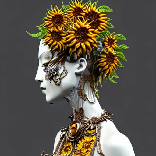 Prompt: complex 3d render ultra detailed of the east-asian goddess of sunflowers, biomechanical pattern, analog, 150 mm lens, beautiful natural soft rim light, big leaves and stems, roots, fine foliage lace, silver dechroic details, massai warrior, Alexander Mcqueen high fashion haute couture, pearl earring, art nouveau fashion embroidered, steampunk, intricate details, mesh wire, mandelbrot fractal, anatomical, facial muscles, cable wires, microchip, elegant, hyper realistic, ultra detailed, octane render, H.R. Giger style, volumetric lighting, 8k post-production